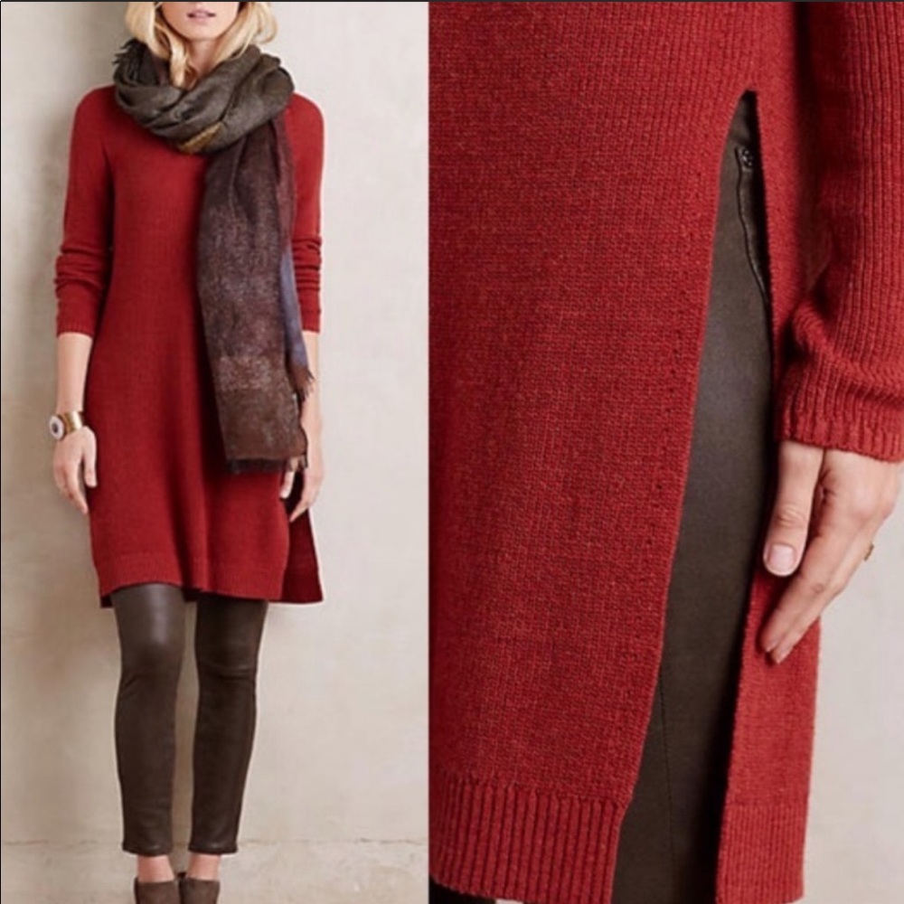 Anthropologie Moth Sweater Dress with High Side Slits in Burnt Red Orange